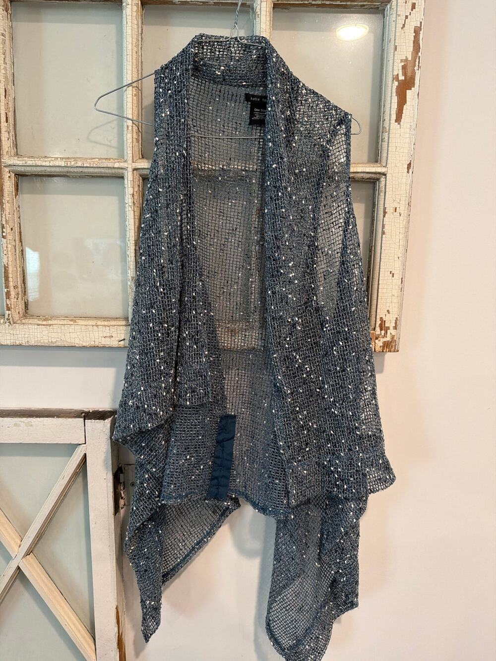 Katie Todd one size open-front mesh knit cardigan vest in blue and white